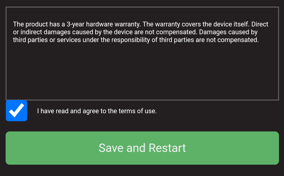 The powerant configuration screen with the terms of service and a checkbox that I accept the usage terms. Also a button that says save and restart.