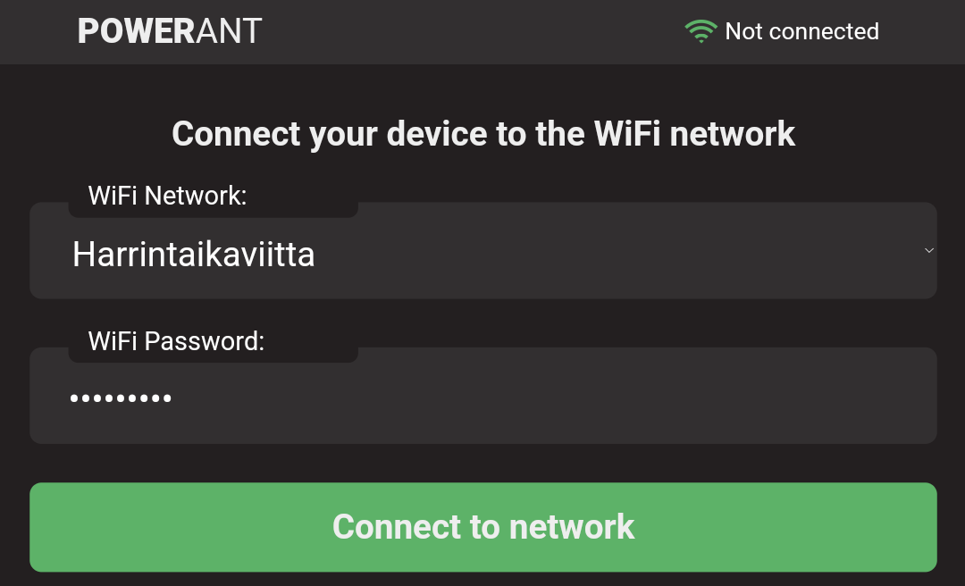 Powerant configuration screen where the user can choose a local WiFi network and connect to it. 